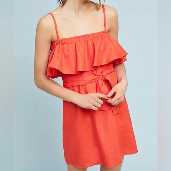 Faithfull the Brand Anthropologie Ruffled Linen Mini Dress Orange Size Large - Picture 1 of 11